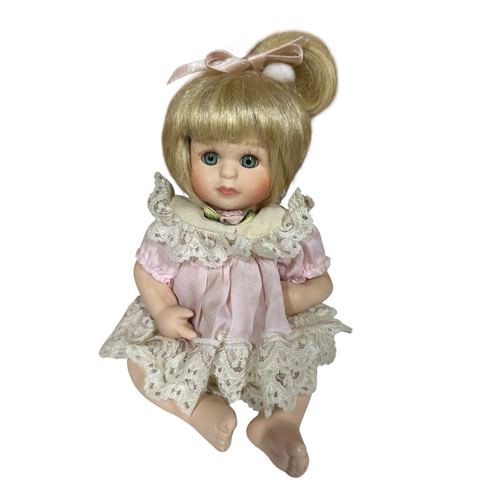 Vtg All Porcelain Baby Girl Doll Blonde‎ Hair Pink Dress Lace 8" 1990s Poseable